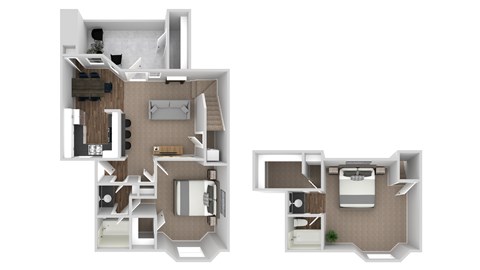 A floor plan of a two-story apartment with a living room, kitchen, and bedrooms.